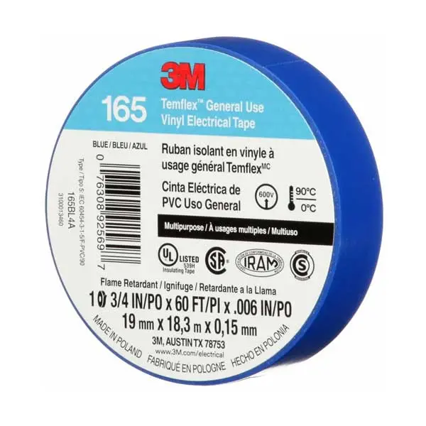 3M Temflex 165 Vinyl Electrical Tape – 3/4″ × 60 ft, 6 Mil Thick, Blue (165BL4A)