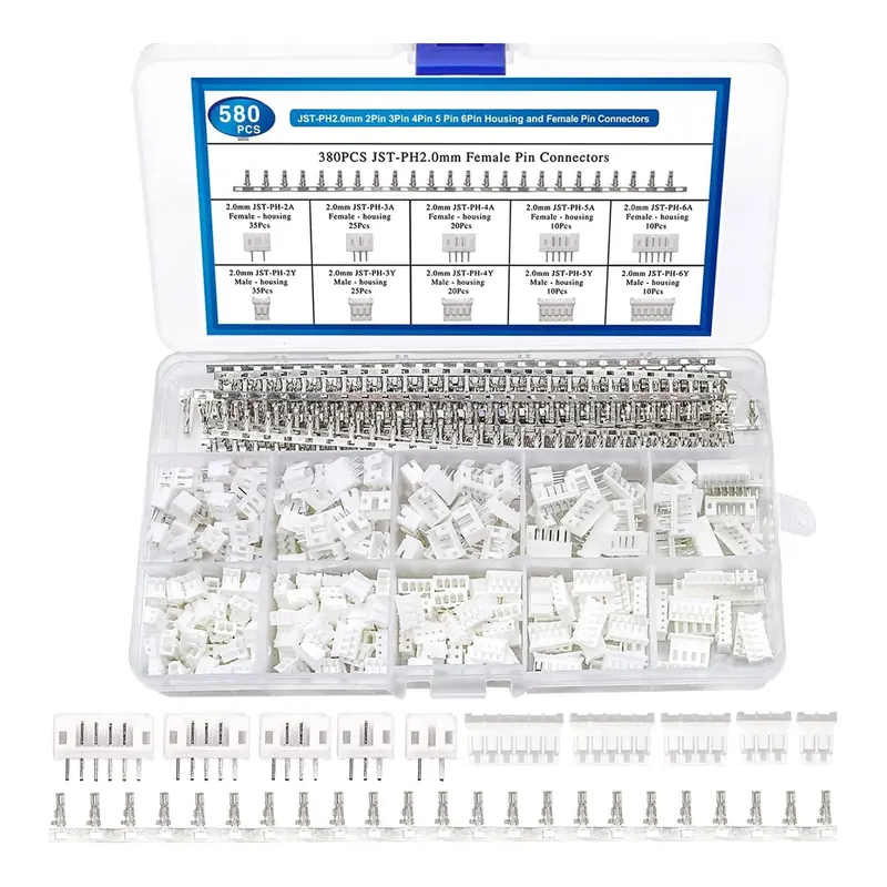 Altex JST PH 2.0mm Connector Kit — 580-Piece Assortment (2–6 Pin)