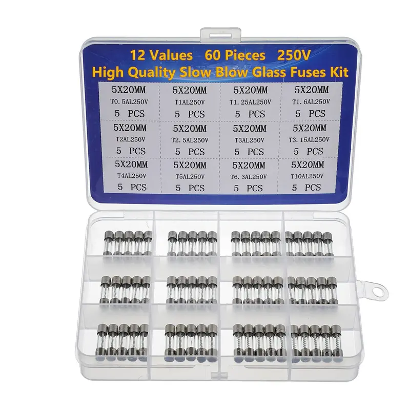 Altex Preferred MFG 60-Piece Slow-Blow Glass Fuse Kit – 5×20mm, 250V, 12 Values (0.5A–10A)