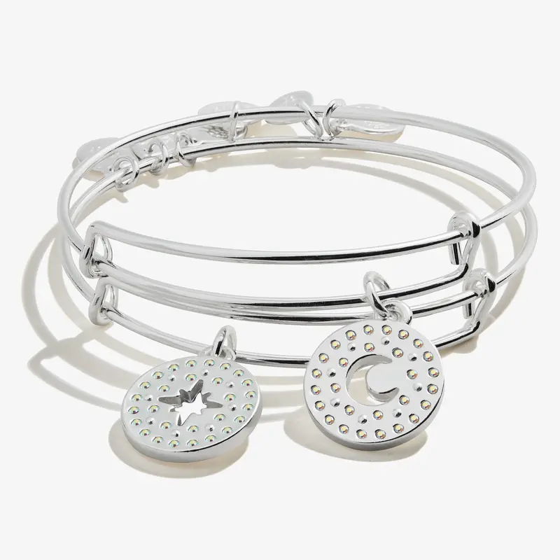 Best Friends Moon & Star Charm Bangle Set – Matching Pair Bracelets