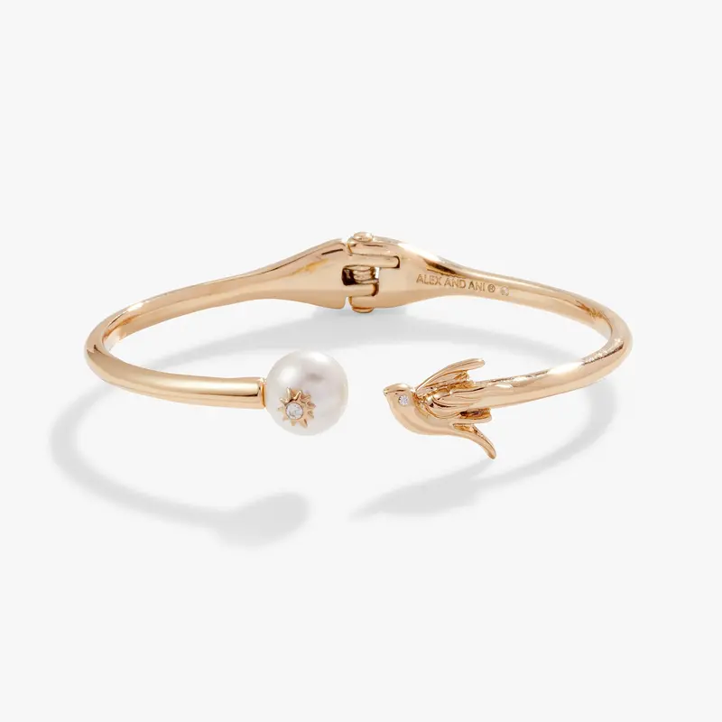 Bird and Pearl Cuff Bracelet – Nature-Inspired Sculptural Metal Bangle with Genuine Pearl Accent