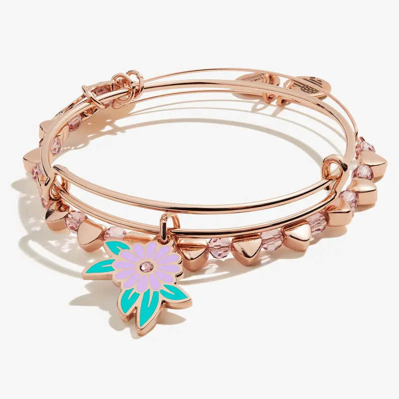 Botanical Flower and Heart Charm Bangle Set (2 pcs)