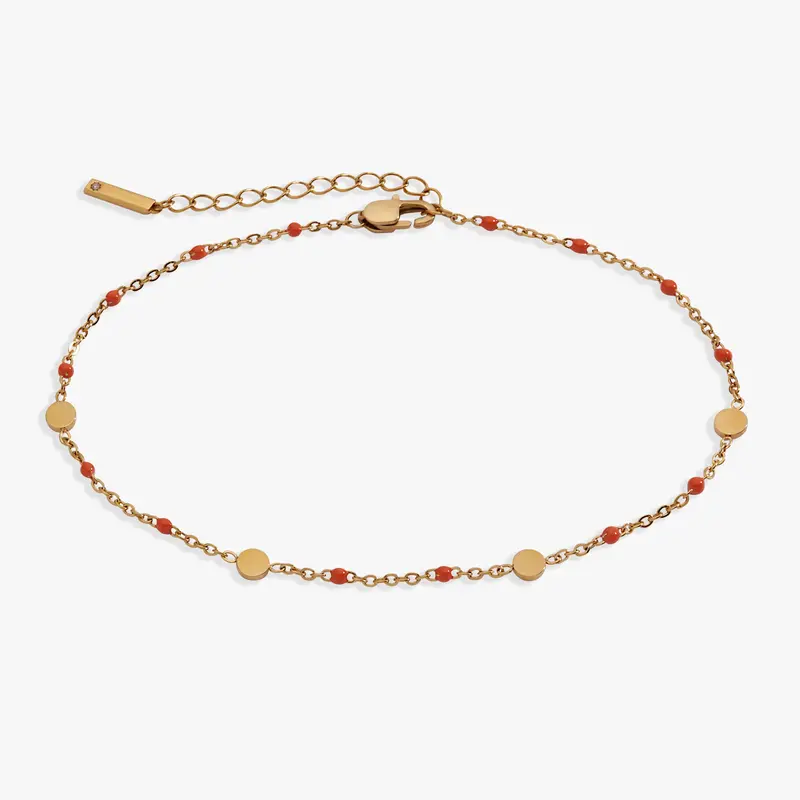 Coral Enamel Coin-Station Anklet with Textured Chain