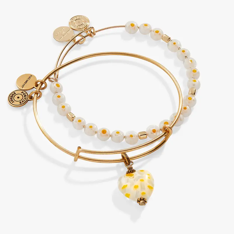 Daisy & Heart Charm Bangle Set – Two-Piece Stackable Bracelets