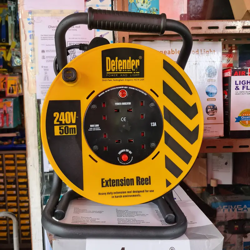 Defender ECR-E86520 Cable Reel – 4-Socket Heavy-Duty Rewind Reel in 25m or 50m Lengths