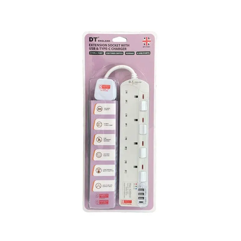 DT England 4-Outlet 3m Extension Lead with 3 USB + 1 USB-C Charging Ports | ESK-SU924C