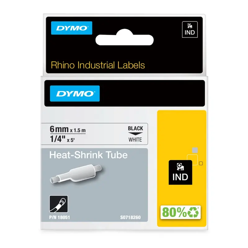 DYMO Rhino 1/4-Inch Black-on-White Heat Shrink Tubing (3:1 Ratio, 5 ft)