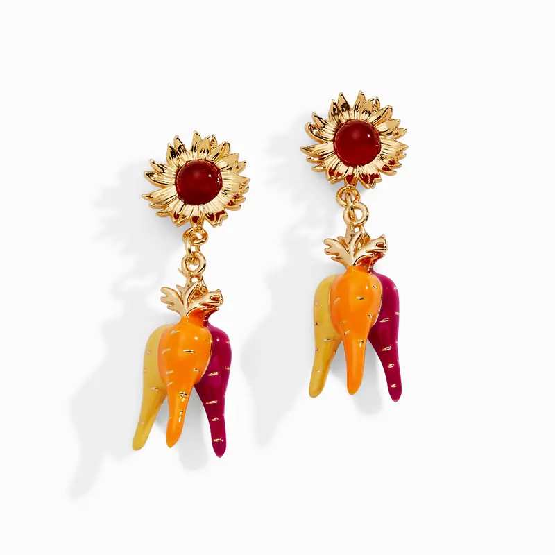 Farmers’ Market Sunflower & Rainbow Carrot Drop Earrings – Vibrant Botanical Pair