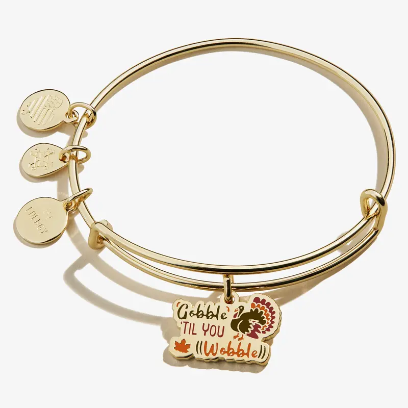 ‘Gobble Til You Wobble’ Charm Bangle – Humorous Thanksgiving-Themed Engraved Bracelet