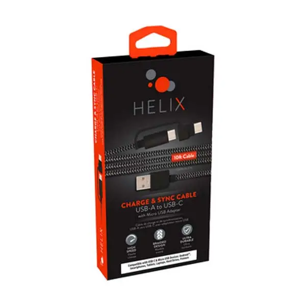 Helix Braided USB-A to USB-C/Micro-USB Cable – 10 ft High-Durability Cord