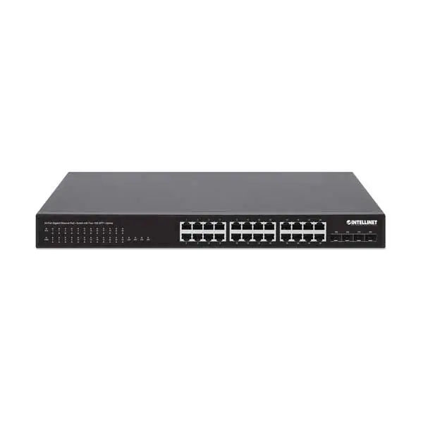 Intellinet 561761 24-Port Gigabit PoE+ Switch: Four 10G SFP+ Uplinks, 370W Total Power Budget
