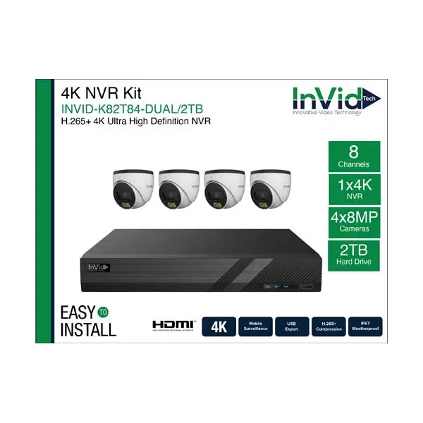 InVid Tech INVID-K82T84-DUAL 8-Channel NVR Kit – 2TB Preinstalled with Four 8MP Turret Cameras