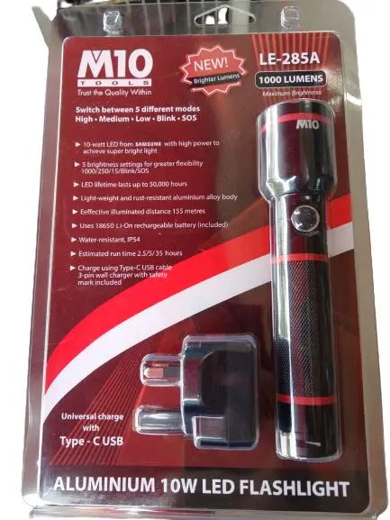 M10 10W Rechargeable LED Flashlight – Built-in Battery, USB Charging | LED-MLE285A