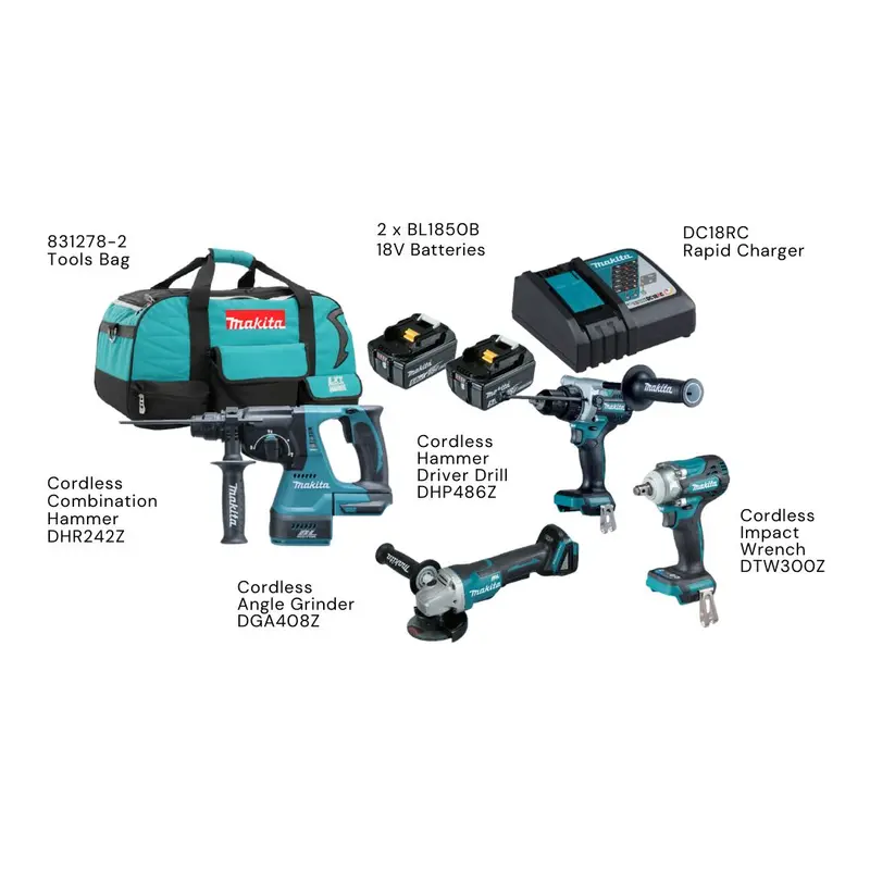 Makita 18V LXT® Heavy-Duty Combo Kit – Hammer Drill, Combination Hammer, Impact Wrench BL, Angle Grinder + 2×5.0Ah Batteries & Charger