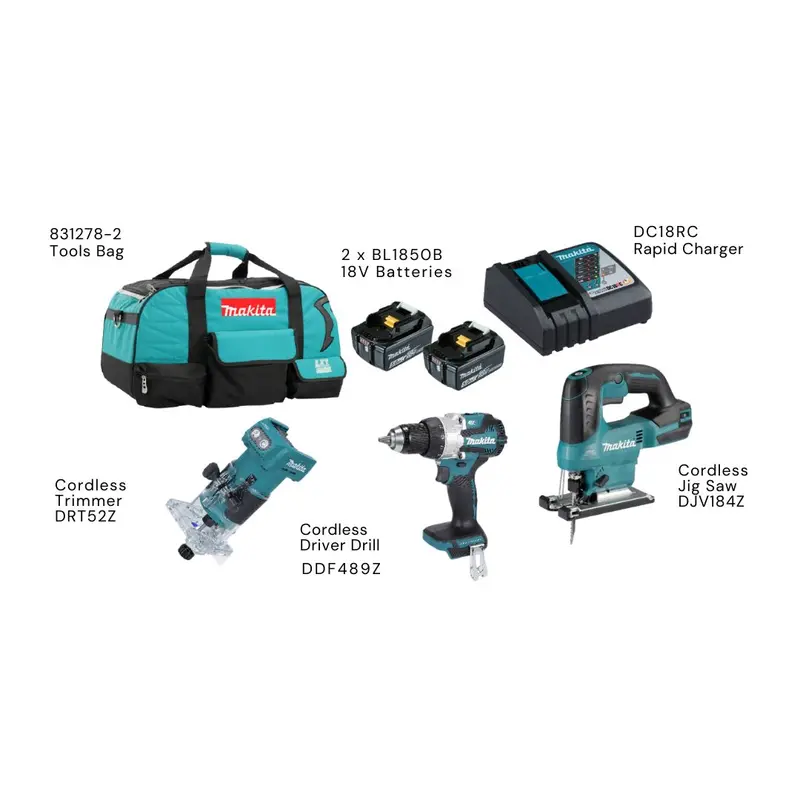 Makita 18V LXT® Premium Combo Set – Includes Trimmer, Drill Driver, Jigsaw, 2×5.0Ah Batteries & Fast Charger