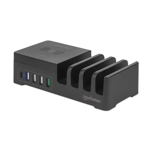 Manhattan 55W PD Charging Station – Dual-Port USB-C Hub with Qi Wireless Pad