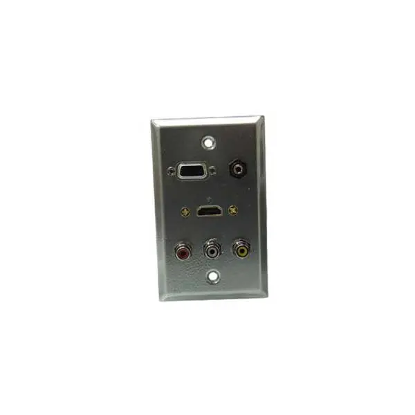 Multi-Port Stainless Steel Wall Plate – VGA, HDMI, RCA ×3, and 3.5mm Audio
