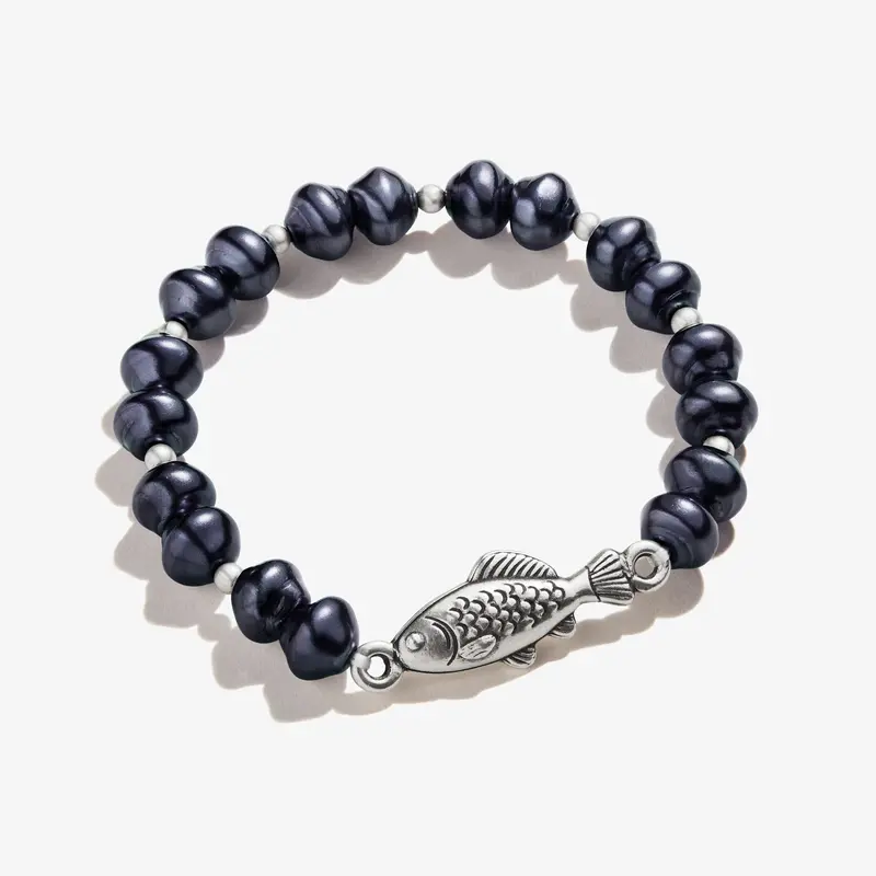 Pearl and Fish Motif Beaded Stretch Bracelet