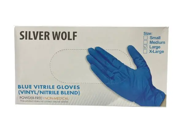 Silver Wolf Blue Vinyl-Nitrile Blend Gloves – Powder-Free, Textured Grip, Boxed Supply | Model: GLOVE-SW