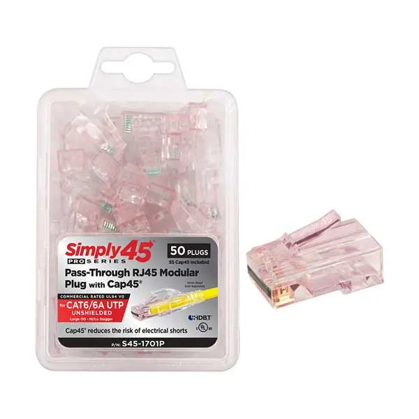Simply45 ProSeries Cat6/6a Pass-Through RJ45 Plugs with Cap45 – 50-Pack (S45-1701P)