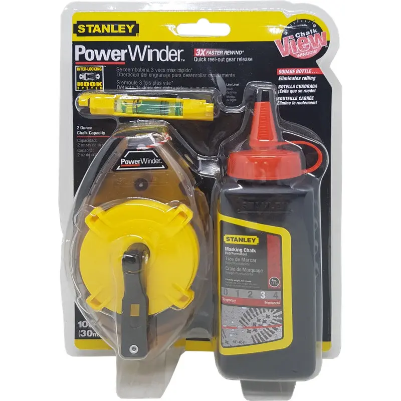 Stanley Power Chalk Line Reel – Includes Red Chalk & Integrated Line Level – 30m / 100ft – 47-465