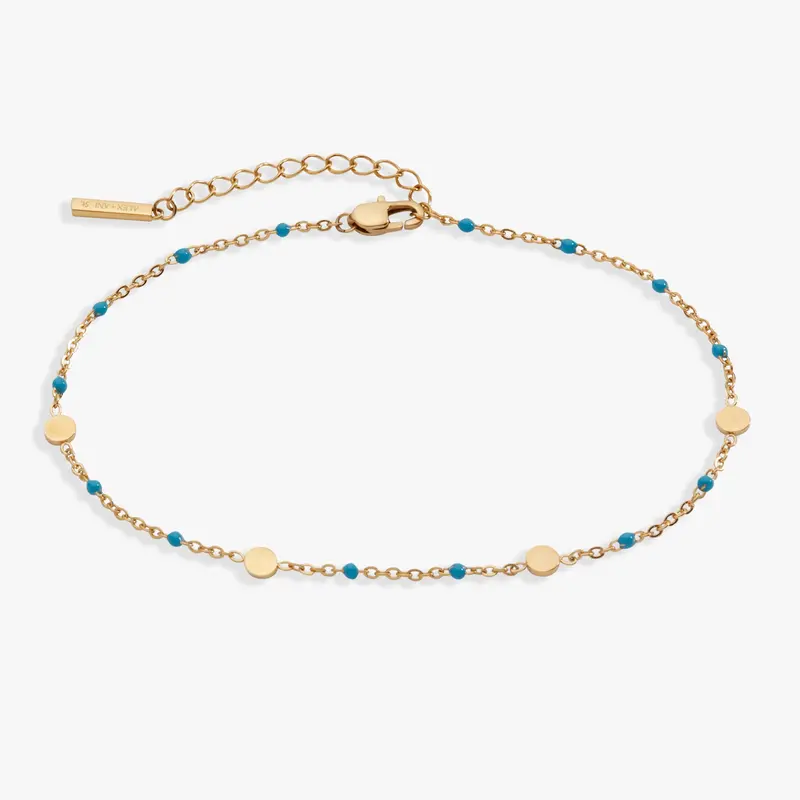 Turquoise Enamel Coin-Station Anklet with Chain Detail