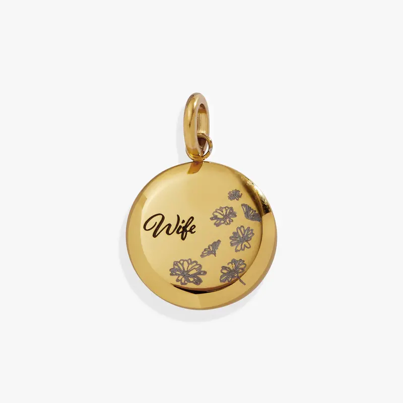 Wife Flower Disc Charm – Engraved Floral Pendant for Personalized Jewelry